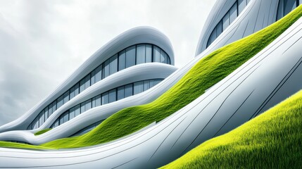 Poster - Modern architectural design featuring wavy forms and green landscaping under a cloudy sky
