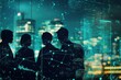 © Harsha - Silhouetted businesspeople stand before a cityscape, overlaid with glowing data streams, symbolizing technological integration and urban development.
