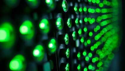 Poster - Close up of green led lights on a data center server rack, representing modern technology