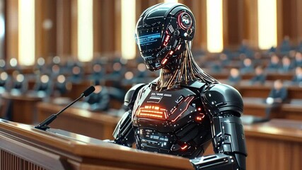 Poster - Robot delivers speech to audience in futuristic assembly hall setting