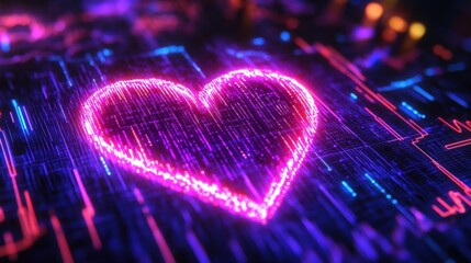 Poster - Vibrant Neon Heart Shape Over Digital Circuit Background with Colorful LED Lights