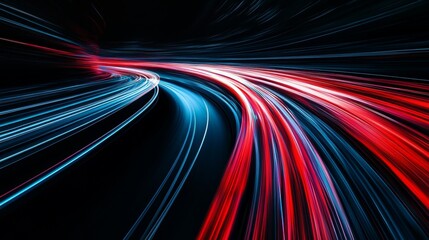 Poster - Dynamic red and blue light trails on black background for futuristic high speed concept design