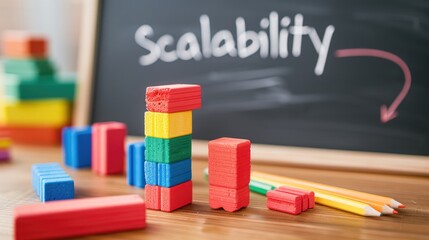 Poster - A colorful arrangement of building blocks next to a chalkboard displaying the word 