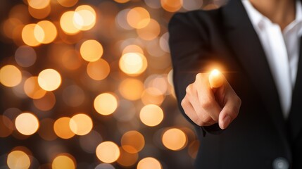 Poster - A businessperson gestures with a glowing fingertip, surrounded by a blurred background of warm, sparkling lights.