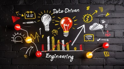 Poster - A colorful illustration of data-driven engineering concepts featuring light bulbs, graphs, and various icons on a black chalkboard background.