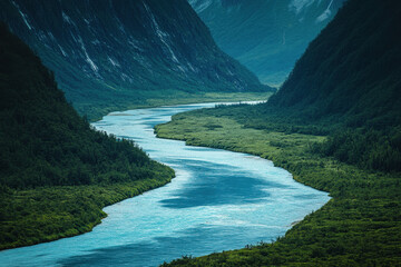 Wall Mural - Scenic view of a winding river flowing through lush green mountains, creating a tranquil and majestic landscape.
