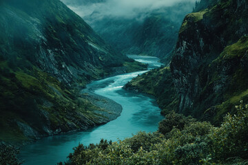 Wall Mural - Majestic river flowing through lush green valleys, surrounded by misty mountains and dense foliage under a moody sky.