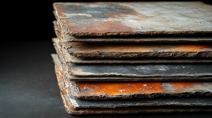 Poster - stacked weathered metal sheets showcasing rust and wear against a dark background