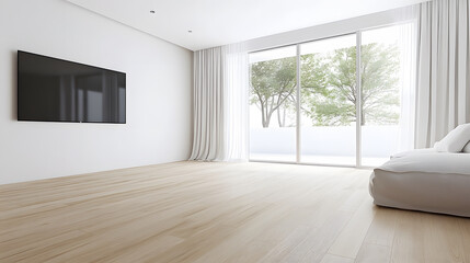 Poster - Bright, minimalist living room with large windows and wooden flooring