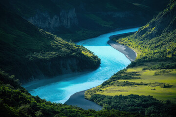 Wall Mural - A vibrant blue river winds through lush green hills and valleys, creating a serene and picturesque landscape bathed in natural sunlight.