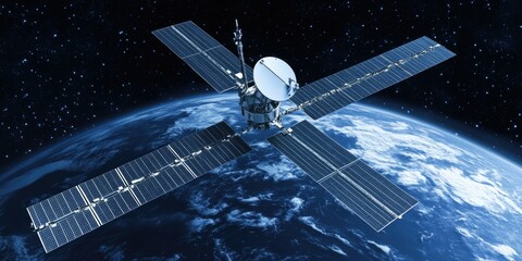 A depiction of a satellite communication hub, orbiting Earth with a starry backdrop.