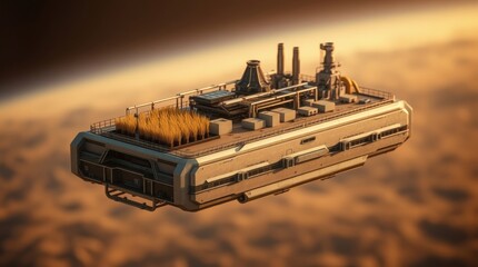 Poster - a futuristic space station or spacecraft floating above the clouds in a celestial sky. The design is sleek and modern, with various modules and solar panels