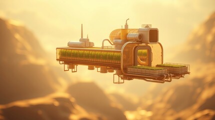 Poster - a futuristic flying machine with an advanced greenhouse in the sky, with the sun beaming through the air