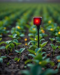 Poster - a field with rows of young plants and a smart agriculture technology with a red light installed