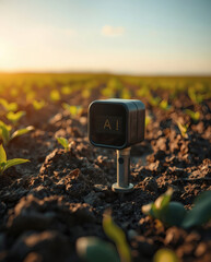 Poster - a close-up shot of a futuristic AI sensor embedded in the soil of a field, demonstrating the use of technology in agriculture