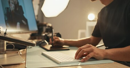 Poster - Keyboard, hands and editor retouching in studio for drawing, graphic tablet or typing on computer. Creative art, photographer and man editing picture for design, fashion or post production backstage