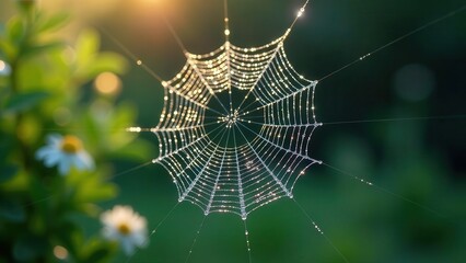 A glistening spiderweb adorned with morning dew, delicately suspended amidst a blurred background of soft green foliage and subtle white blossoms.