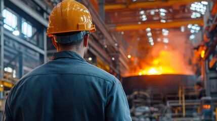 Poster - A man in a yellow helmet stands in front of a large furnace