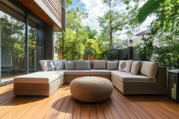 Poster - Modern outdoor lounge featuring comfy seating, wicker ottoman, and a wooden floor for ultimate comfort