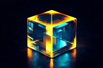 Poster - Futuristic glowing blue and yellow cube with reflections on black background for digital concepts
