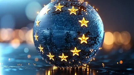 Poster - Stunning 4k animated globe with European Union stars glowing against a blurred background at night
