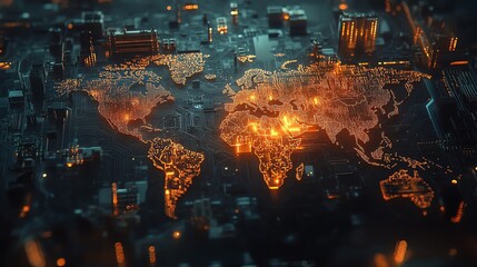 Poster - A computer processor with a world map integrated into its circuitry, signifying the global semiconductor trade, glowing PCB board, ultrafine details, cinematic shot