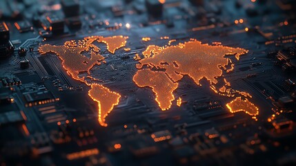 Poster - A computer processor with a world map integrated into its circuitry, signifying the global semiconductor trade, glowing PCB board, ultrafine details, cinematic shot