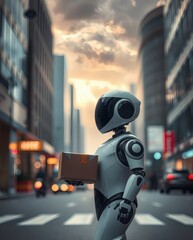 Poster - a futuristic robot delivering a package in a modern city setting
