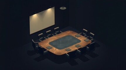 Poster - an empty conference room with a large table, chairs, and projection screen