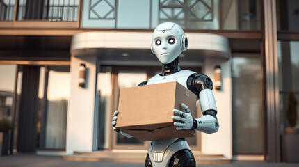Poster - a robot holding a cardboard box in front of a modern building, a scene that suggests delivery or service