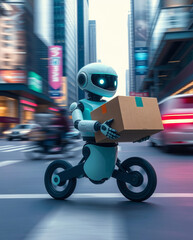 Poster - a futuristic robot riding a bike through a busy city street, delivering a package
