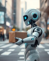 Poster - a robot carrying a package on a city street, showcasing futuristic delivery concept