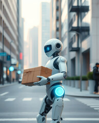 Poster - a robot carrying a package walking in the street, surrounded by buildings