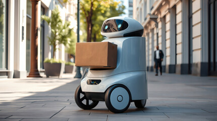 Poster - a delivery robot is rolling down the street, holding a cardboard box. This image showcases futuristic technology in an urban environment.