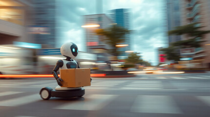 Poster - a futuristic robot courier is delivering a package, navigating a city street with a blurred background. The robot has a sleek, modern design and holds a cardboard box.