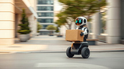 Poster - a robot delivering a package on a city street
