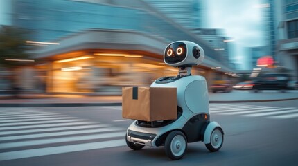 Poster - a futuristic delivery robot navigating a city street, carrying a package