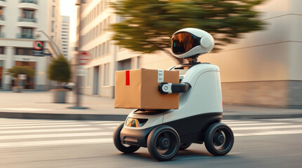 Poster - a delivery robot efficiently navigating a city street, transporting a package to its destination. It is an autonomous vehicle with a futuristic design