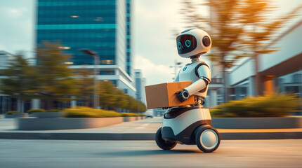 Poster - an advanced robot delivery a package on a city street, blurring background with futuristic technology