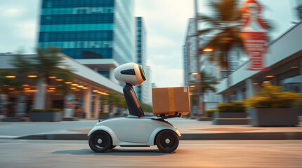 Poster - an autonomous delivery robot navigating a city street with a package. The robot moves efficiently, showcasing modern technology 