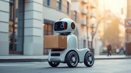 Poster - a delivery robot carries a package down a city street, revolutionizing urban transport and logistics. The robot has a sleek design and is autonomously navigating the city