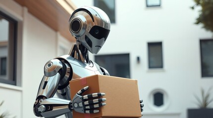 Poster - a futuristic robot delivering a package outside of a modern house