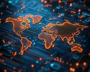 Poster - A silicon chip with intricate glowing pathways forming a world map, representing international semiconductor trade, futuristic lighting, ultradetailed precision