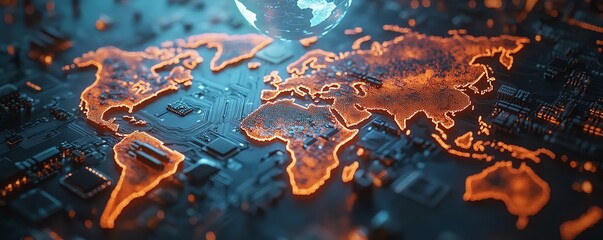 Poster - Closeup of a microprocessor with a holographic world map hovering above, representing the global semiconductor industry, ultrarealistic, cyberpunk tones, intricate circuitry