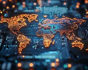 Poster - Closeup of a microprocessor with a holographic world map hovering above, representing the global semiconductor industry, ultrarealistic, cyberpunk tones, intricate circuitry