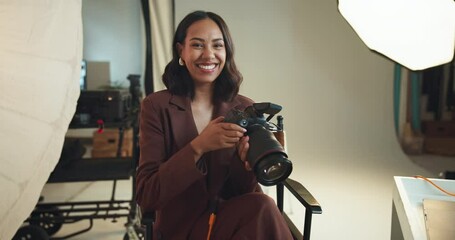 Poster - Woman, face and camera for photography in studio for photoshoot results, editing or catalog. Photographer, digital and retouch process in backstage to review picture, production and magazine industry