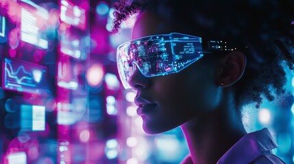 Poster - Visionary Interface: A person wearing high-tech eyewear interacts with an immersive, futuristic interface, visualizing digital information through a spectrum of neon colors.