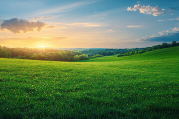 Wall Mural - Scenic landscape of a lush green meadow with a vibrant sunset casting warm hues over the horizon and fluffy clouds scattered across the sky.