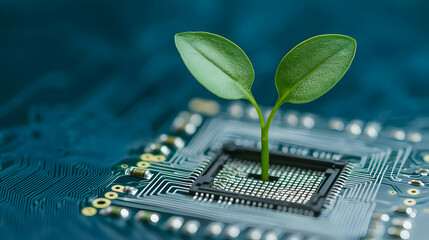 Poster - Green Plant Growing From A Microchip On A Circuit Board Symbolizing Technological Growth And Sustainability