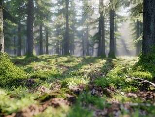 Wall Mural - sun-drenched forest floor, a tapestry of greenery and towering trees